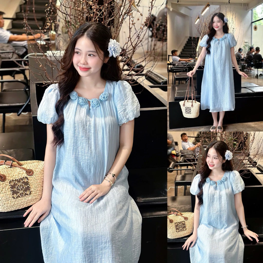 Đầm bầu Fancy kết bông cổ tròn, tay phồng form suông thanh lịch 16 dam-bau-fancy-ket-bong-co-tron-v-tay-phong-form-suong-02