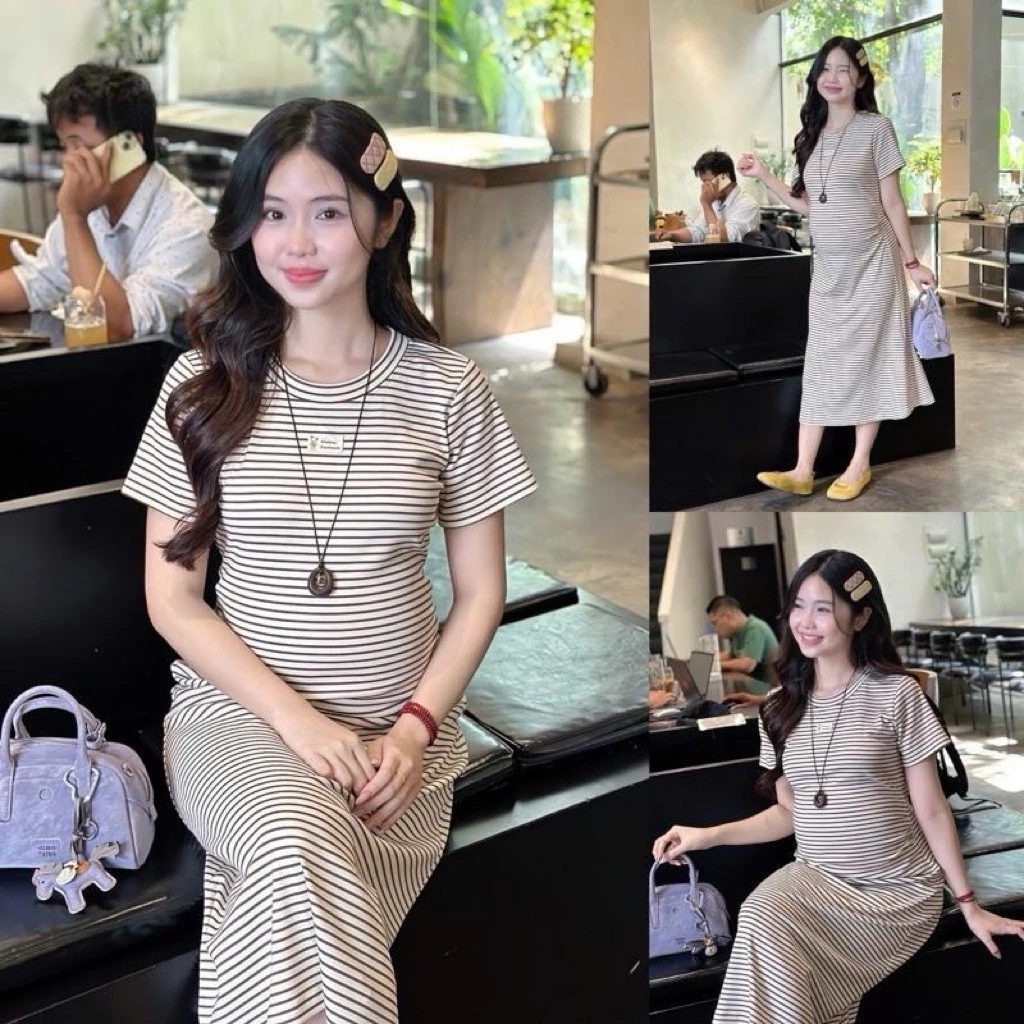 EVERMOM l Đầm thun bầu OuLa sọc kẻ ngang có gắn tag dễ thương trẻ trung mang co giãn cho mẹ mang bầu và sau sinh 4 dam-thun-bau-oula-soc-ke-ngang-04