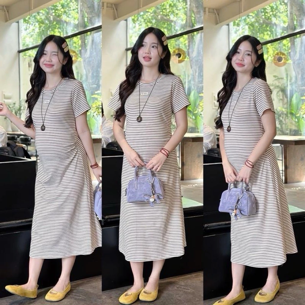 EVERMOM l Đầm thun bầu OuLa sọc kẻ ngang có gắn tag dễ thương trẻ trung mang co giãn cho mẹ mang bầu và sau sinh 22 dam-thun-bau-oula-soc-ke-ngang-05